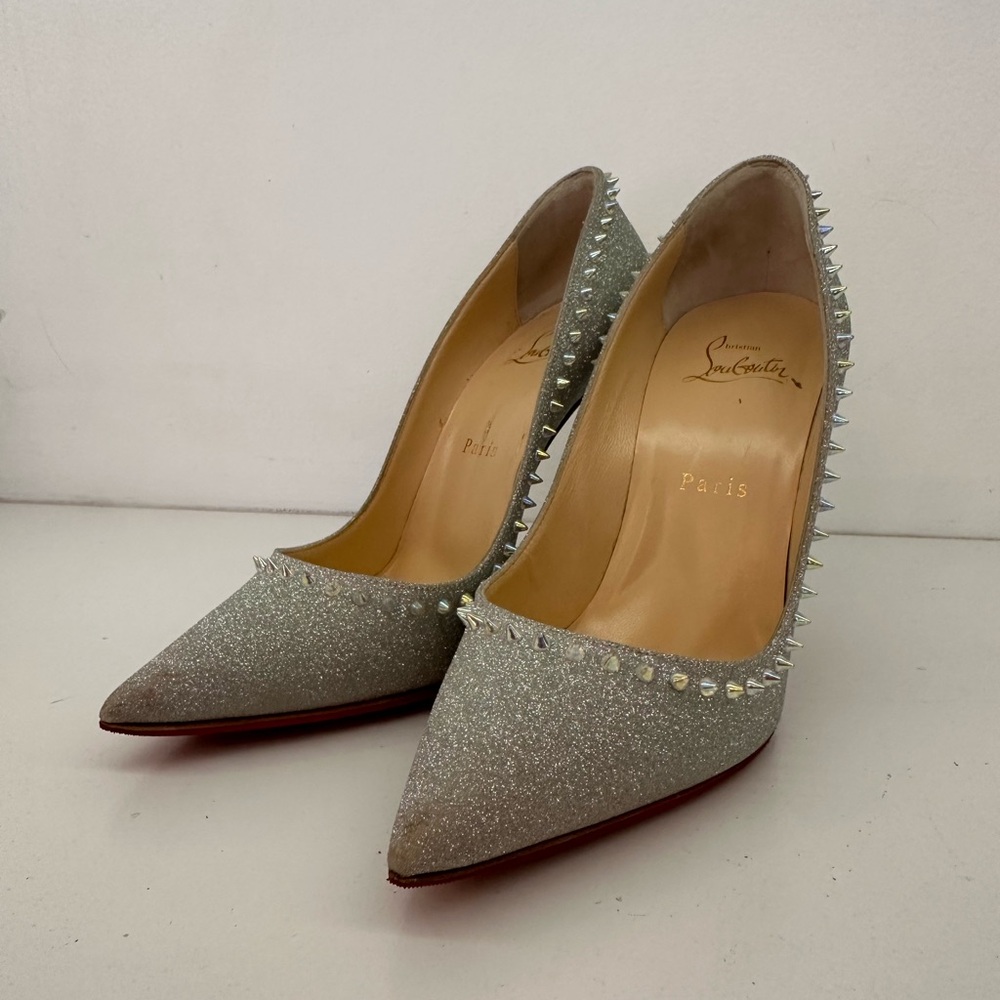 Christian Louboutin Anjalina Glitter Sunset 100 Silver Spiked Heels